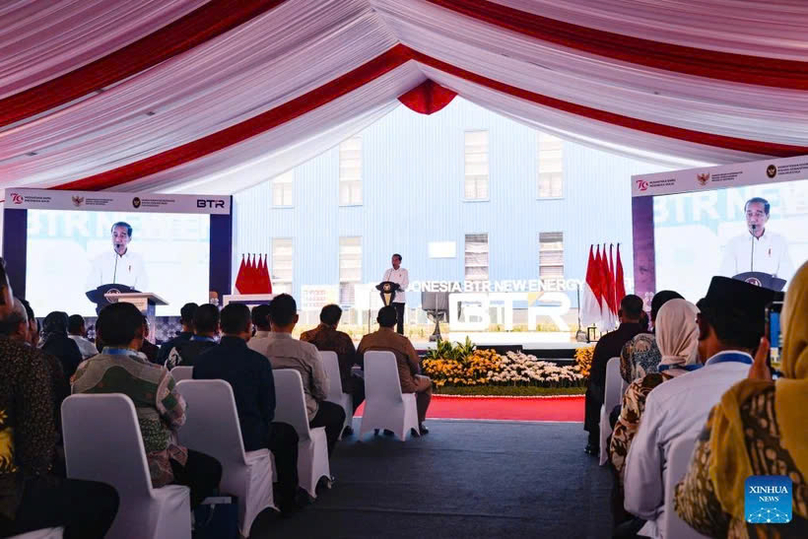 Indonesia's President Joko Widodo delivers a speech at the inauguration ceremony of PT Indonesia BTR New Energy Material (PT BTR) at Kendal Industrial Park in Central Java province, Indonesia, Aug. 7, 2024. Photo courtesy of english.news.cn.