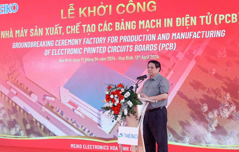 Prime Minister Pham Minh Chinh attends Meiko Electronics' groundbreaking ceremony in Hoa Binh province, northern Vietnam on April 13, 2024. Photo courtesy of Cong Thuong (Industry & Trade) newspaper.