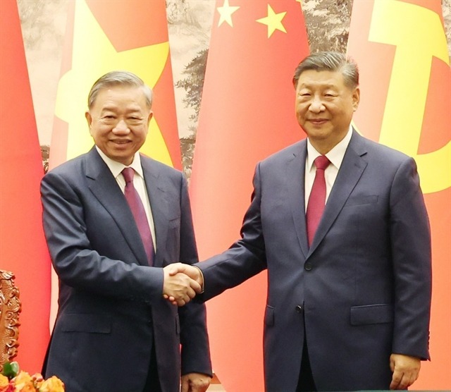 Vietnam's Party General Secretary and President To Lam and China's General Secretary and President Xi Jinping shake hands at their talks in Beijing on August 19, 2024. Photo courtesy of Vietnam News Agency.