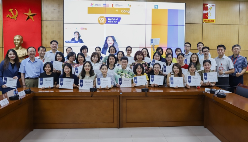 Teachers and students at Hanoi University of Science and Technology show their “Train the Trainers 2024” certificates. Photo courtesy of the U.S. Embassy in Vietnam.