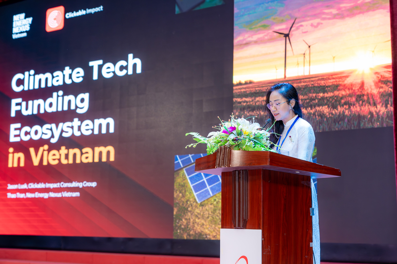 Thao Tran, CEO of New Energy Nexus Vietnam speaks at the Vietnam Climate Tech Investment Platform Networking Event, Hanoi, August 15, 2024. Photo courtesy of New Energy Nexus Vietnam.