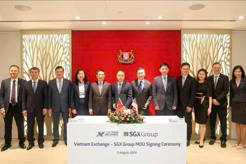  At a ceremony to sign a MoU between Vietnam Exchange and SGX Group on August 5, 2024. Photo courtesy of Vietnam News Agency.