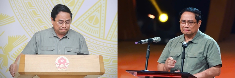 Prime Minister Pham Minh Chinh cries twice during a cabinet meeting (left) and a live TV program when he talks about losses from super typhoon Yagi, September 15, 2024. Photos courtesy of the government's news portal and VTV.