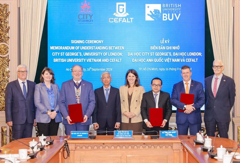 Representative of British University Vietnam (BUV), City St George’s University-University of London (UOL), and the Center for Foreign Affairs and Languages Training (CEFALT) sign an MoU to establish a strategic partnership, HCMC, September 16, 2024. Photo courtesy of BUV.