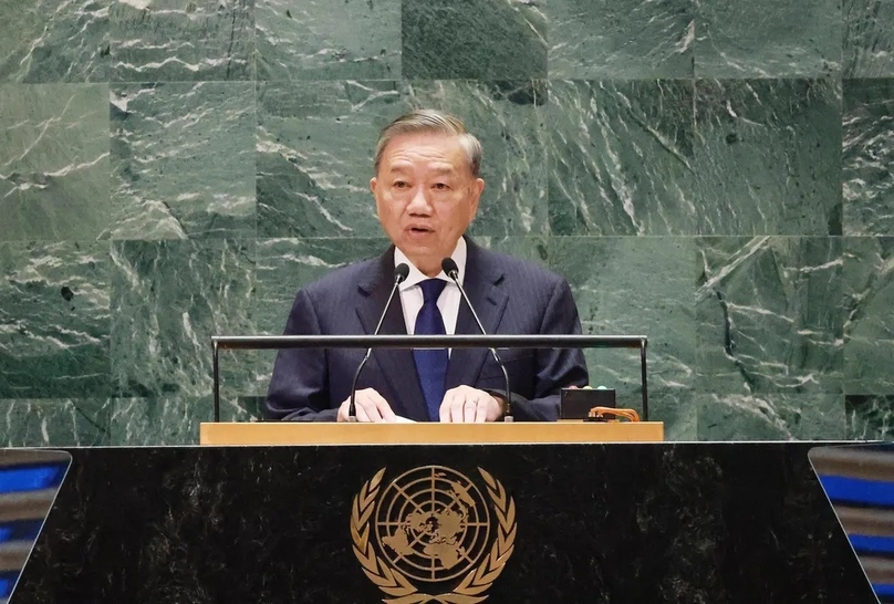 Party General Secretary and State President To Lam speaks at the UN Summit of the Future in New York. Photo courtesy of Vietnam News Agency.