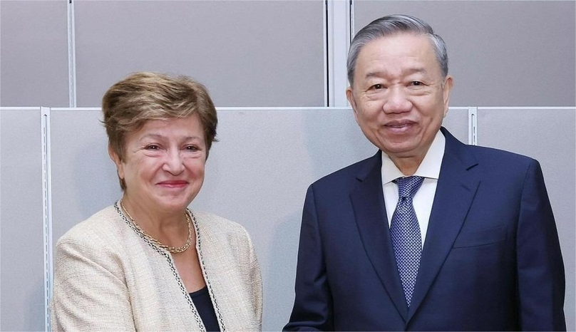 Vietnam’s Party chief and State President To Lam (right) and IMF managing director Kristalina Georgieva at a meeting in New York, September 24, 2024. Photo courtesy of Vietnam News Agency.