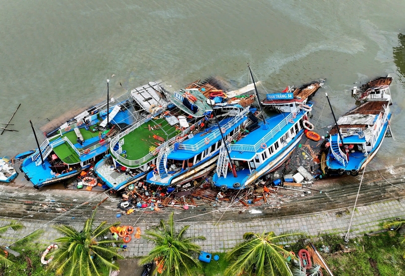 Typhoon Yagi caused damage to boats anchored at Tuan Chau harbor, Quang Ninh province, northern Vietnam, September 2024. Photo courtesy of VietNamNet.