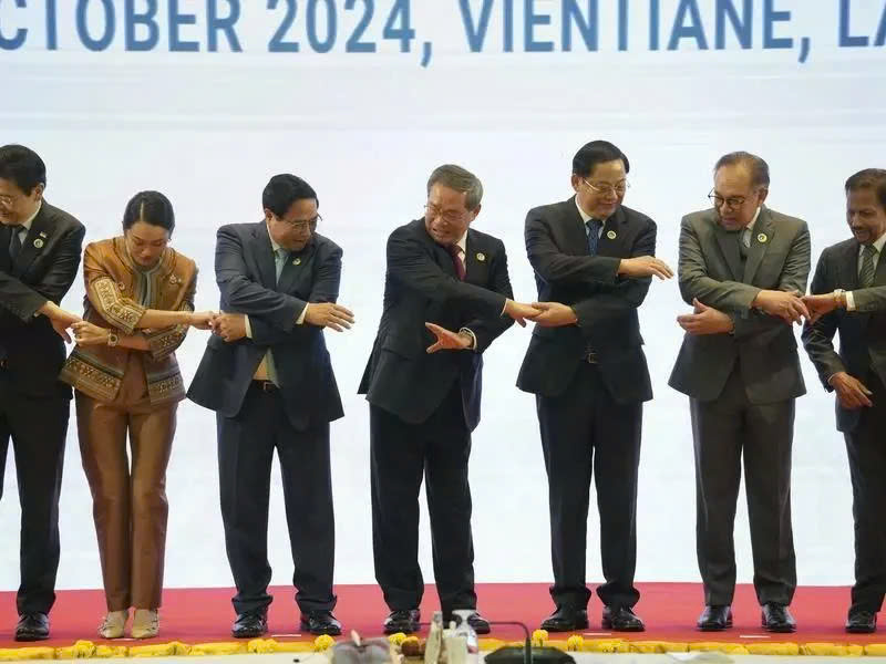 Chinese Premier Li Quiang (center) arrives in Laos talking up the need for stronger connections with ASEAN, September 2024. Photo courtesy of AP.