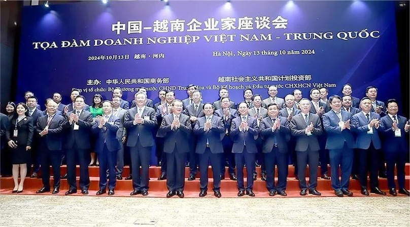 Prime Minister Pham Minh Chinh and Chinese Premier Li Qiang attend the Vietnam-China Business Forum in Hanoi, Octover 13, 2024. Photo courtesy of Vietnam News Agency.