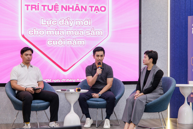 From left: Nguyen Tran Tin, seller/trainer at Lazada Academy; An Luong, head of artificial intelligence & data science at Masan Group; and Doan Trang Ha Thanh, COO Lazada Vietnam, attend an event where e-commerce platform Lazada introduces new Gen AI features in their shopping app, Ho Chi Minh City, November 1, 2024. Photo courtesy of Lazada.