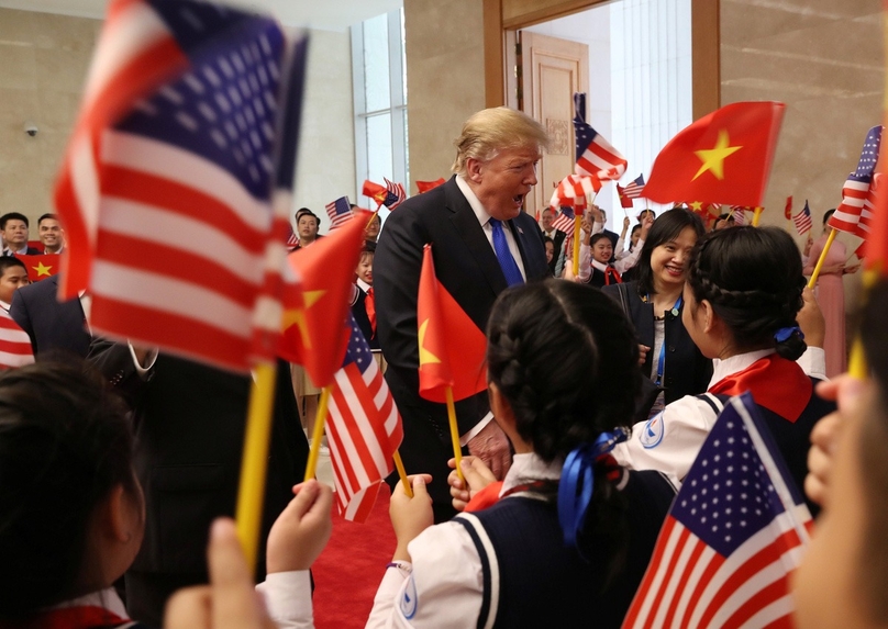 President Trump interacts with Vietnamese pioneers during a welcome ceremony on the occasion of his visit to Vietnam in February 2019. Photo courtesy of Tuoi Tre (Youth) newspaper.