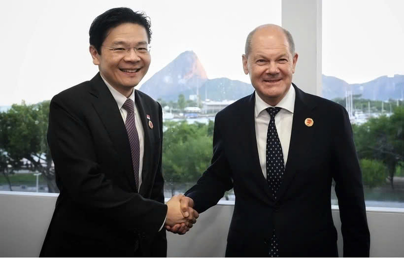 Singaporean Prime Minister Lawrence Wong (left) and German Chancellor Olaf Scholz meet on the sidelines of the G-20 Summit in Brazil on November 18, 2024. Photo courtesy of The Straits Times.