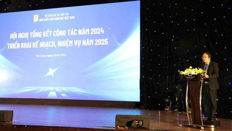 VEPH chairman and general director Nguyen Tien Thanh addresses a conference to review the publisher’s 2024 performance and set goals for 2025 in Quang Ninh province, northern Vietnam, January 16, 2025. Photo courtesy of the Vietnam Education Publishing House.