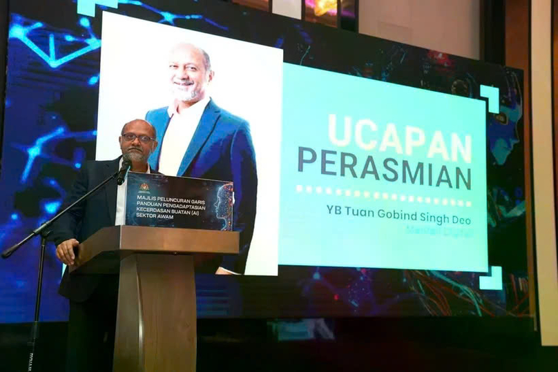 Malaysian Digital Minister Gobind Singh Deo speaks during the Public Sector Artificial Intelligence Adaptation Guidelines’ launching ceremony in Kuala Lumpur, on February 27, 2025. Photo courtesy of selangorjournal.my.