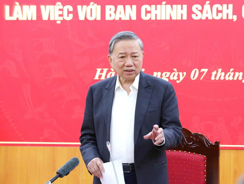 Party General Secretary To Lam speaks at a working session with the Party Central Committee's Commission for Policies and Strategies on March 7, 2025. Photo courtesy of Vietnam News Agency.