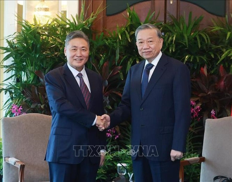 Vietnam's Party chief To Lam receives Tow Heng Tan, chairman of Sembcorp Industries, in Singapore on March 11, 2025. Photo courtesy of the Vietnamese government's news portal.