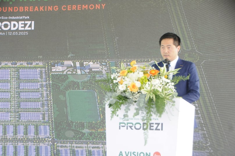 Truong Khac Nguyen Minh, deputy general director of Prodezi Long An Joint Stock Company, speaks at the project's groundbreaking ceremony.