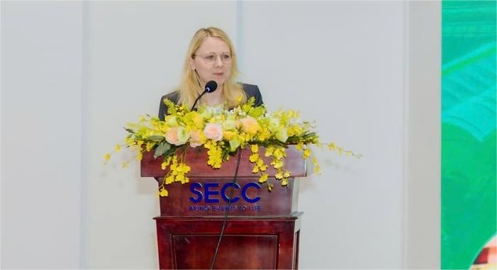 Katharina Staske, managing director of DLG Asia Pacific, speaks at HortEx Vietnam 2025 in Ho Chi Minh City, March 12, 2025. Photo courtesy of HortEx Vietnam.