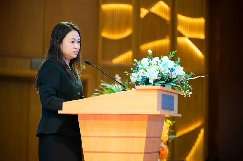 Pham Thi Thuy Linh, head of the Securities Market Development Department, under the State Securities Commission (SSC), speaks at the workshop in Hanoi, March 19, 2025. Photo by The Investor/Pham Thang.