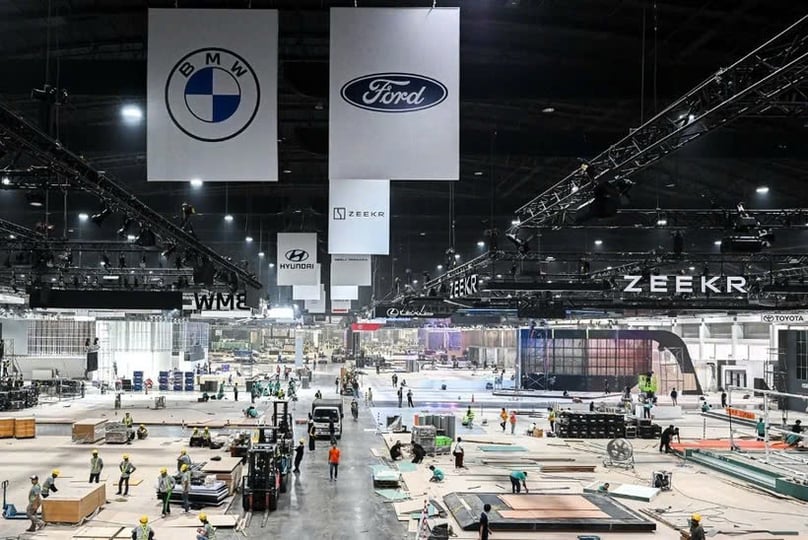 Structures and booths are being prepared for the 46th Bangkok International Motor Show on March 20, 2025. Photo courtesy of Bangkok International Motor Show.