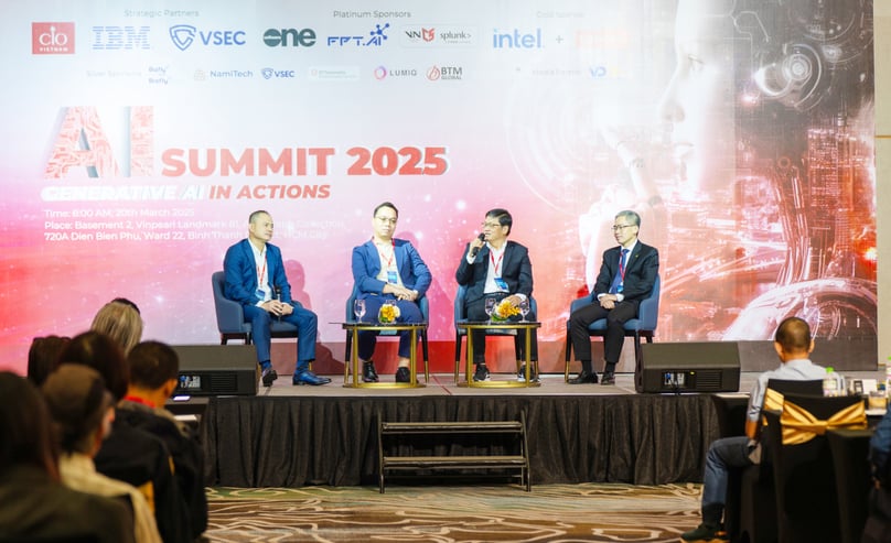 From left to right: the moderator; Tran Le Quoc Son, CIO of Prudential Vietnam; Nguyen Bao Tri, country head of IT at Unilever Vietnam; and Pham Hong Hai, CEO of OCB, at an AI summit in Ho Chi Minh City on March 20, 2025. Photo courtesy of the summit.