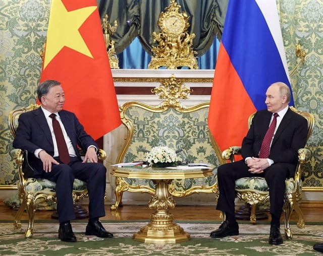 Vietnam's Party General Secretary To Lam (left) and Russian President Vladimir Putin during their talks at the Kremlin in Moscow, May 10, 2025. Photo courtesy of Vietnam News Agency.