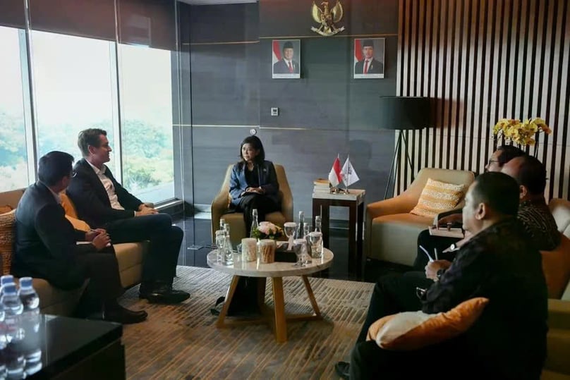 Indonesia's Minister of Communication and Digital Affairs Meutya Hafid during a meeting with head of Asia-Pacific of GSMA, Julian Gorman, in Jakarta on May 8, 2025. Photo courtesy of Antara.