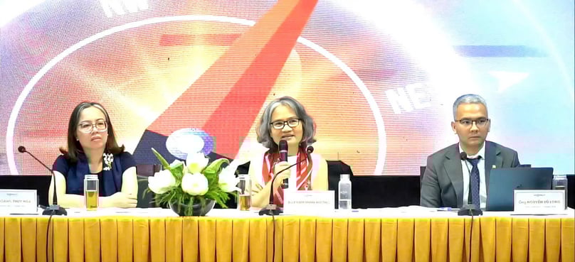VNDirect chairwoman Pham Minh Huong speaks at the 2025 AGM on May 28, 2025. Photo by The Investor/Hoa Khoa.