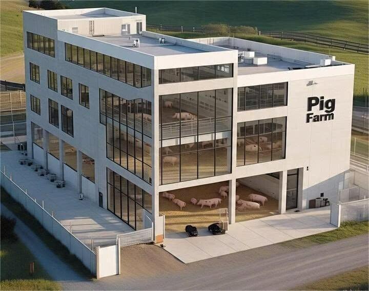 A multi-story indoor pig farming model. The photo is created by AI.