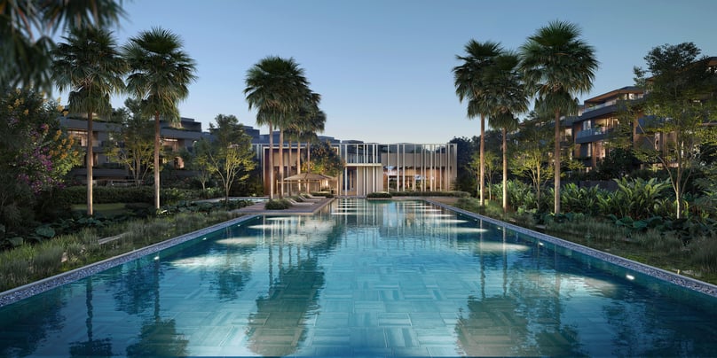 A 50-meter pool, nestled within the Clubhouse, offers a serene and indulgent escape surrounded by lush greenery. Illustration courtesy of CapitaLand.