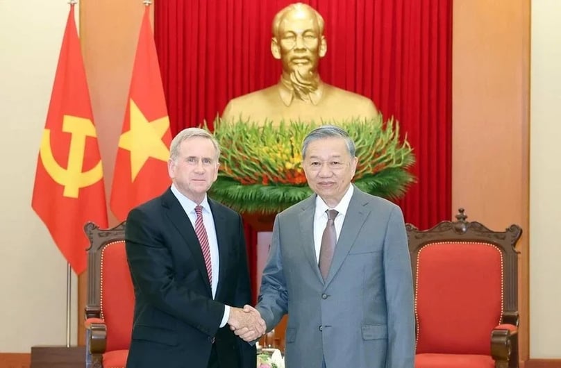 Vietnam's Party General Secretary To Lam (right) receives Alex Rogers, president of global affairs at Qualcomm in Hanoi, June 10, 2025. Photo courtesy of the government's news portal.