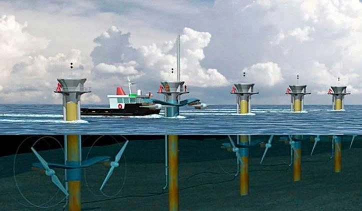 This illustration shows a 2021 turbine installation design of an ocean current power plant (PLTAL) in Gonzalu Strait, Larantuka, East Nusa Tenggara, Indonesia. Photo courtesy of Antara.