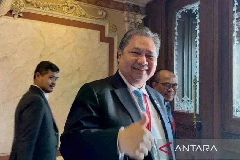 Indonesian Coordinating Minister for Economic Affairs Airlangga Hartarto answers questions from journalists on the sidelines of his official duties accompanying President Prabowo Subianto in St. Petersburg, Russia, June 20, 2025. Photo courtesy of Antara.