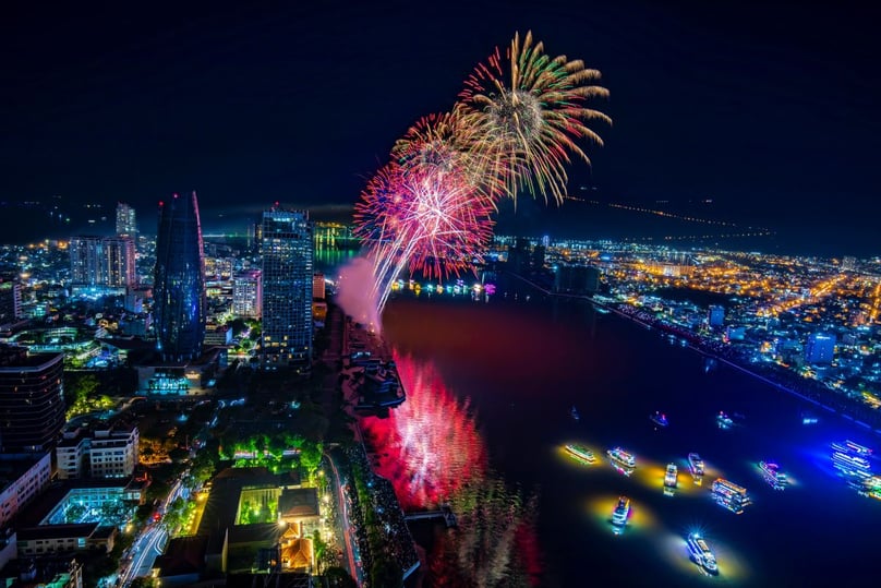 The remarkable Danang International Firework Festival viewed from the sky.