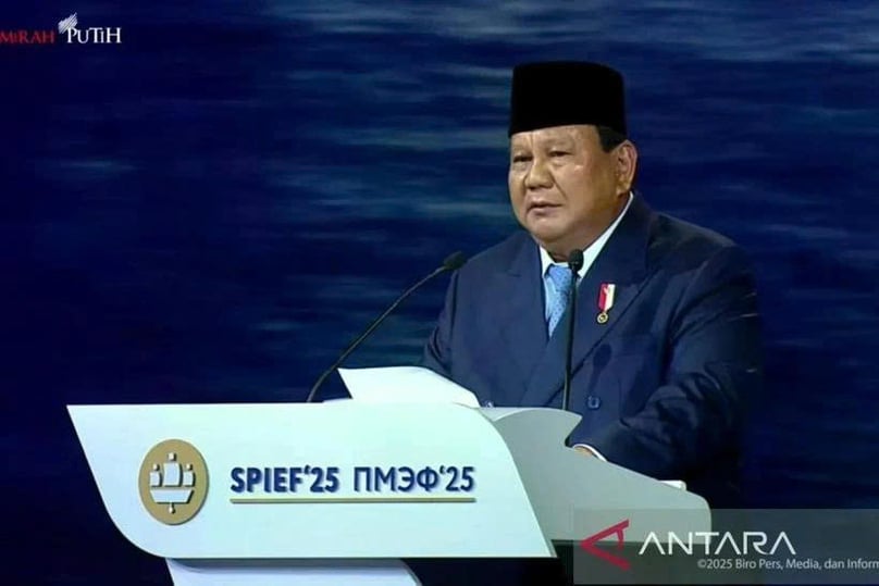 President Prabowo Subianto speaks at St. Petersburg International Economic Forum (SPIEF) 2025 in Russia on June 20, 2025. Photo courtesy of Antara.
