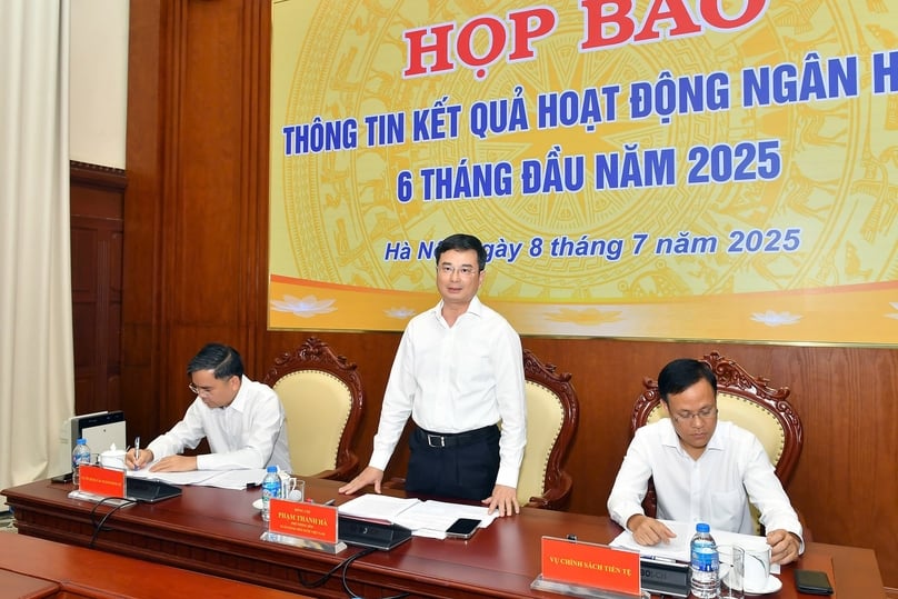 Deputy Governor of the State Bank of Vietnam Pham Thanh Ha speaks at the press conference in Hanoi on July 8, 2025. Photo courtesy of Vietnam's government portal.