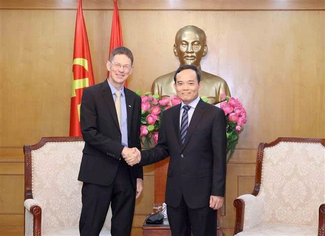 Chairman of the Party Central Committee’s Commission for Policies and Strategies Tran Luu Quang (right) meets with president of AES Vietnam Oliver Marquette on July 9, 2025. Photo courtesy of VNA.