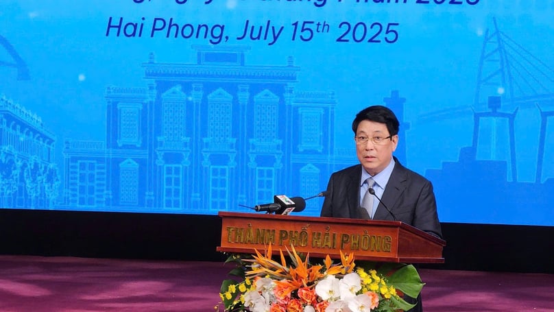 State President Luong Cuong speaks at a Hai Phong city investment promotion conference on July 15, 2025. Photo by The Investor/Ha An.