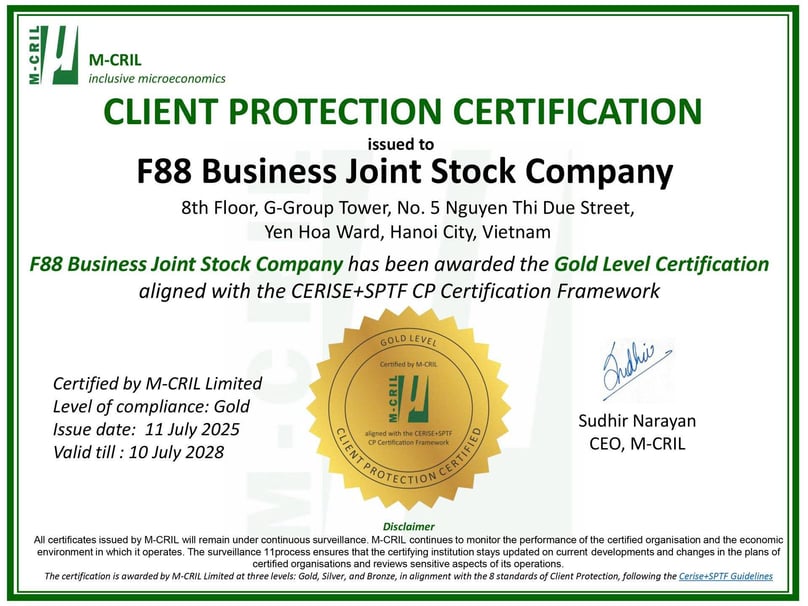 F88 receives the Gold-Level Client Protection Certification (CPC) from M-CRIL. Photo courtesy of the company.