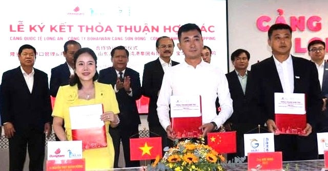 Representatives of Long An International Port, SPG Bohaiwan Port, and Bohwa Shipping sign a cooperation agreement in Tay Ninh province, southern Vietnam on July 30, 2025. Photo courtesy of Vietnam News Agency.