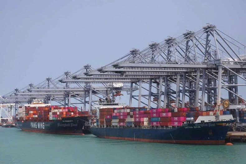 Cargo ships docked at Laem Chabang deep-sea port in Chon Buri. Photo courtesy of the Bangkok Post.