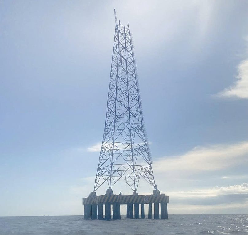 A tower as part of the national power supply project for Ho Chi Minh City’s Con Dao Special Zone is gradually taking shape. Photo courtesy of EVNNPT.