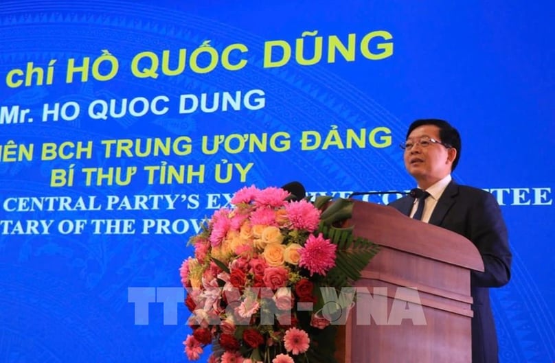 Ho Quoc Dung, Party chief of Gia Lai, speaks at an investment and trade promotion conference in the province on August 29, 2025. Photo courtesy of the government's news portal.
