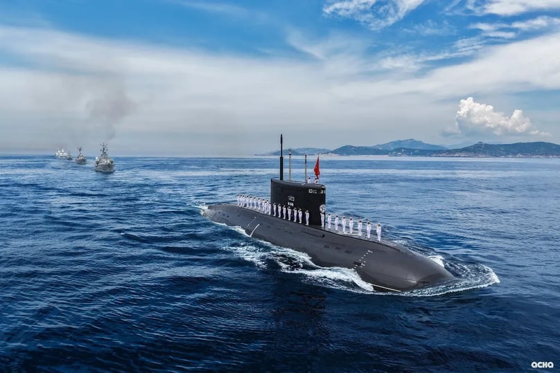 Officers of the submarine fleet saluting the commanding ship.