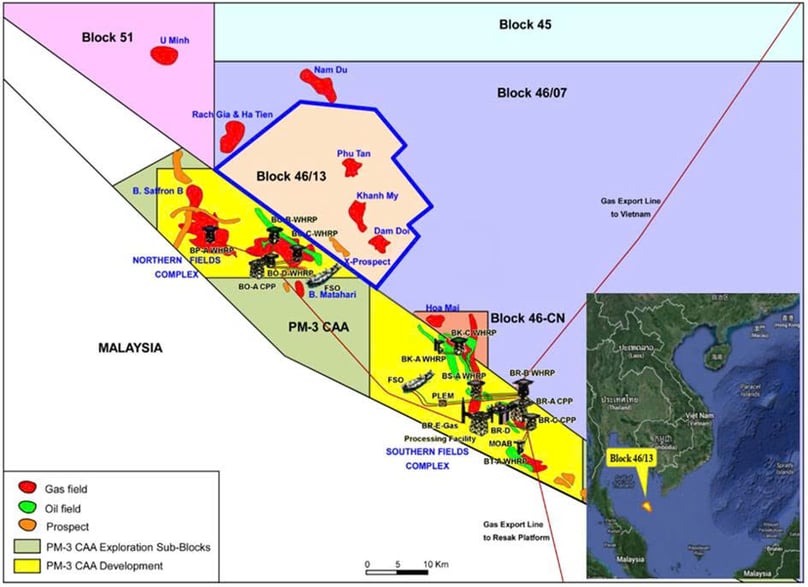 Block 46/13, located approximately 205 km southwest of Cape Ca Mau, in the northeastern margin of the Malay-Tho Chu Basin. Photo courtesy of PVEP.