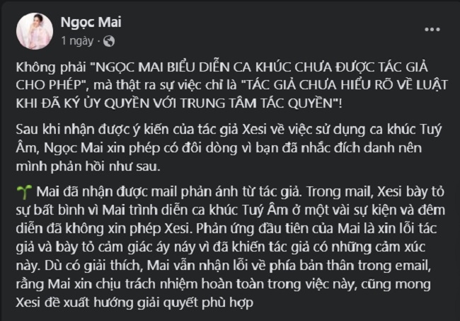 Tố O sen - Ngọc Mai hát 'Túy âm' mà chưa xin phép, Xesi có làm đúng luật? 1