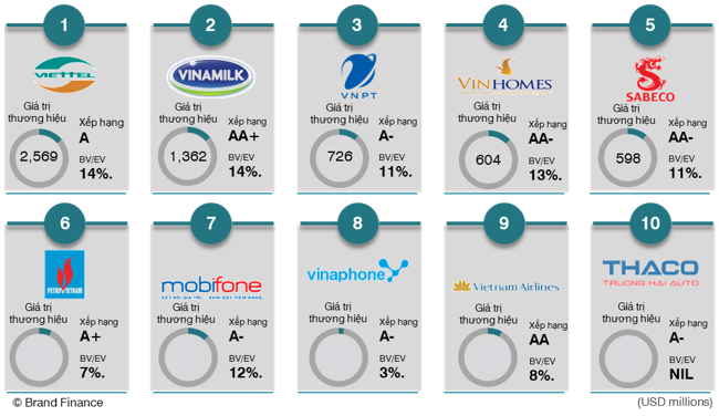 Vinhomes và Thaco là hai thương hiệu tư nhân đắt giá nhất Việt Nam