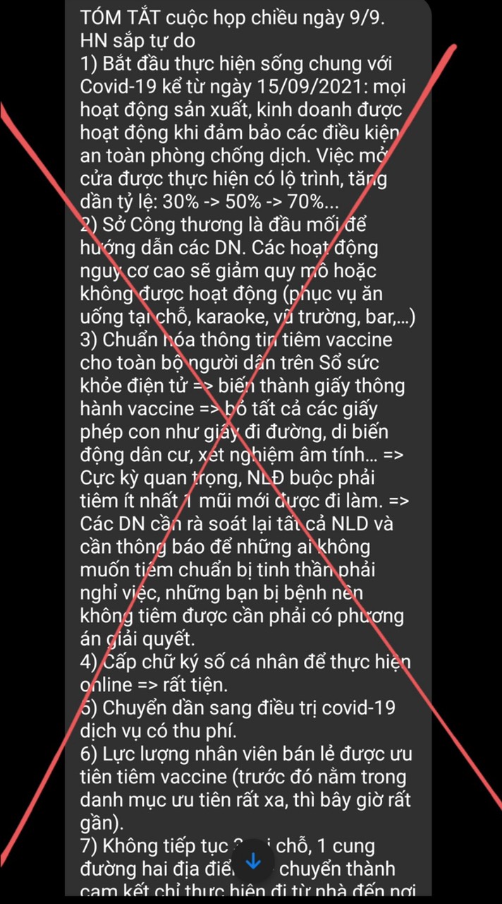 Bác bỏ thông tin Hà Nội 'sống chung với Covid-19 từ 15/9'