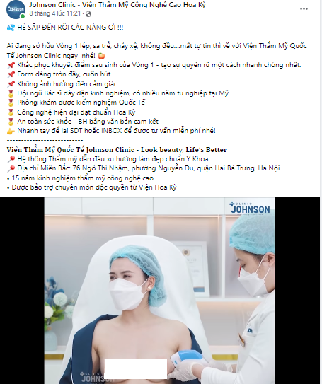 Những lời quảng cáo có cánh về dịch vụ nâng vòng 1 không cần phẫu thuật của Thẩm mỹ viện Johnson Clinic. Ảnh chụp màn hình