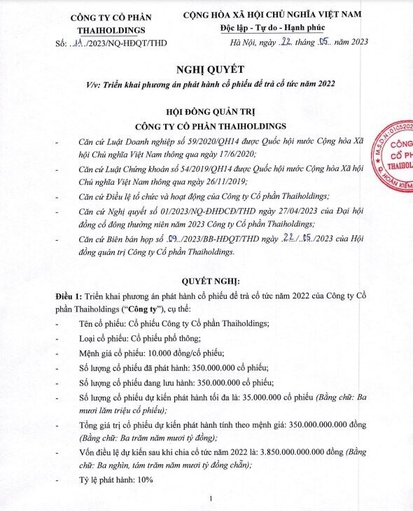ThaiHoldings (THD) phát hành 35 triệu cổ phiếu trả cổ tức năm 2022